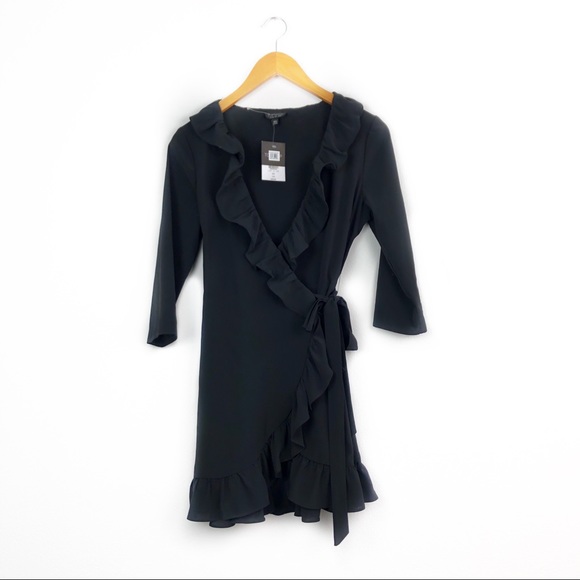 Topshop Women Black Wrap Around Ruffle Dress NEW - Picture 3 of 9